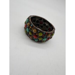 Jeweled Boho Bangle Hinged Wide Clamp Bracelet Gold Tone Multi Color Mosaic